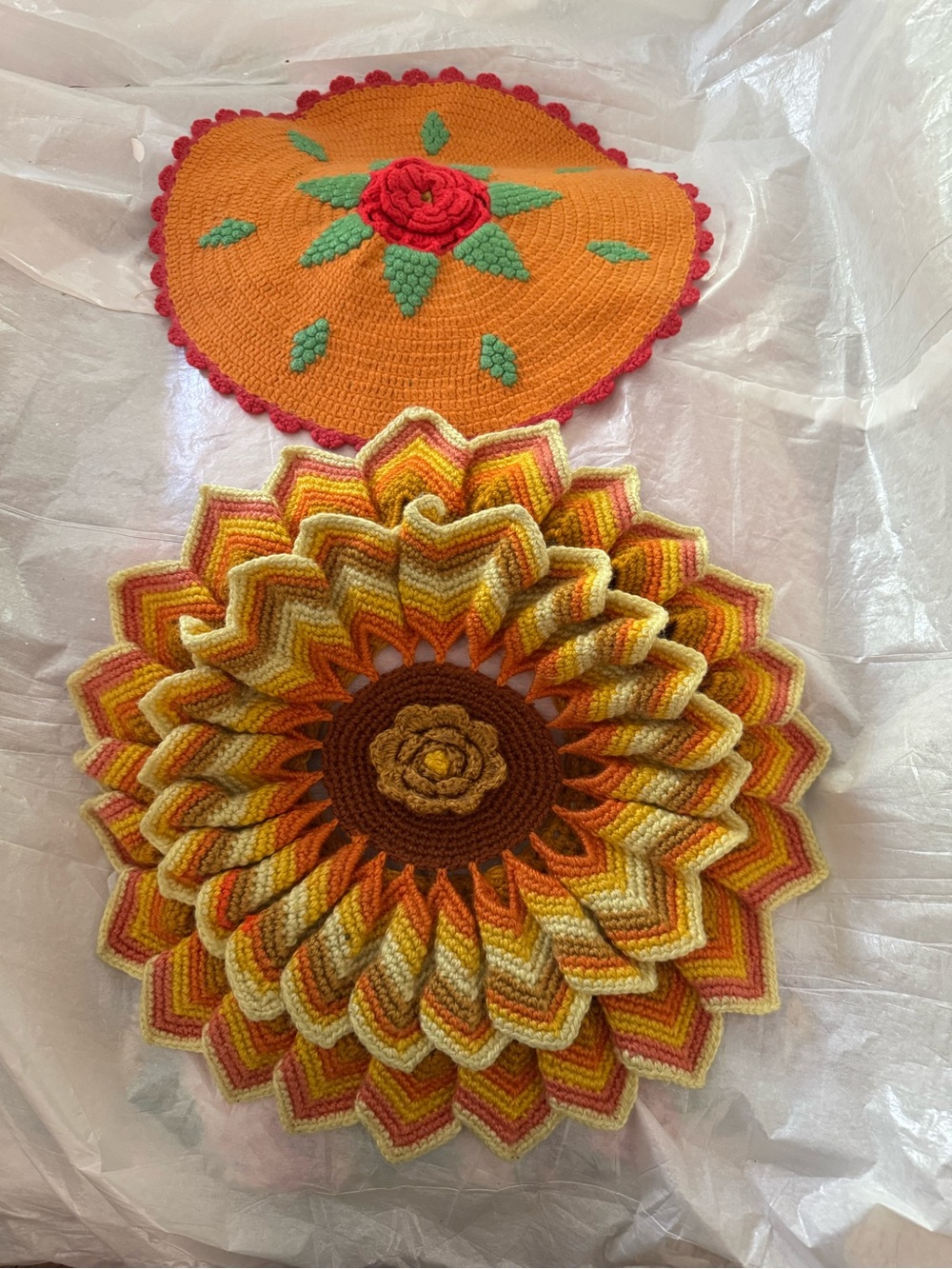 Handmade Crocheted Sunflower pillow cover and another pad- Orange & Yellow